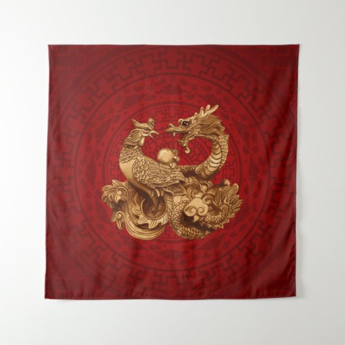 Phoenix and Dragon _ on red Tapestry
