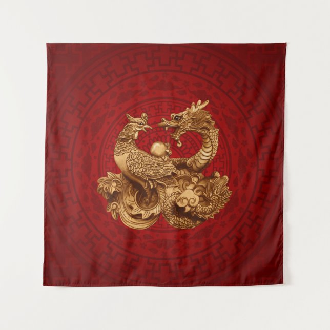 Phoenix and Dragon - on red Tapestry (Front)