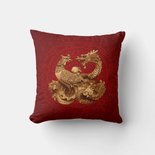 Phoenix and Dragon _ on red Throw Pillow
