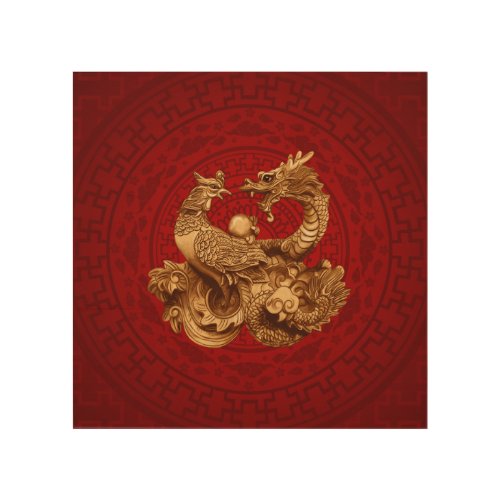 Phoenix and Dragon _ on red Wood Wall Art