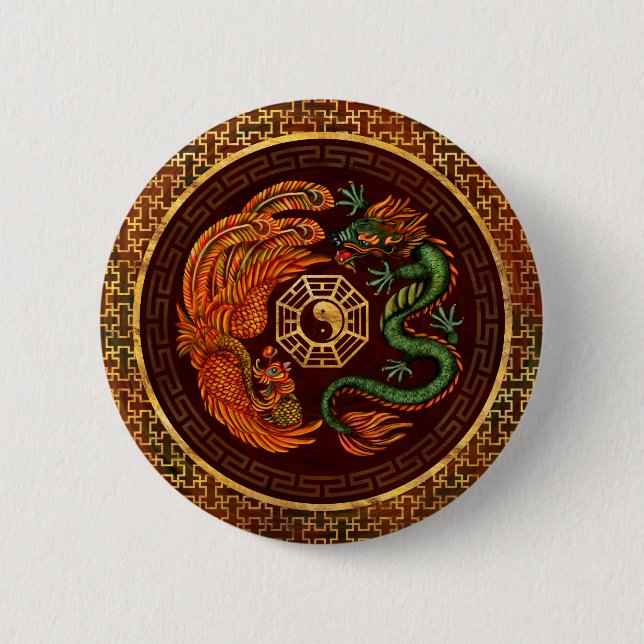 Phoenix and Dragon with bagua #1 Button (Front)