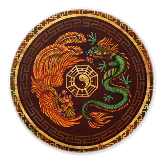 Phoenix and Dragon with bagua #1 Ceramic Knob (Front)