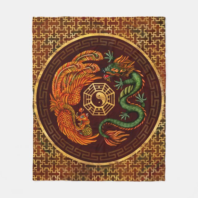 Phoenix and Dragon with bagua #1 Fleece Blanket (Front)