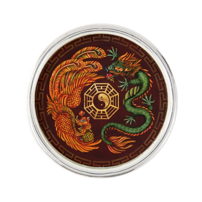 Phoenix and Dragon with bagua #1 Lapel Pin (Front)