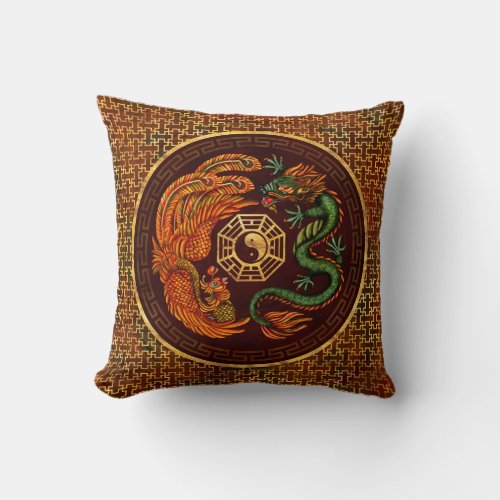 Phoenix and Dragon with bagua 1 Throw Pillow