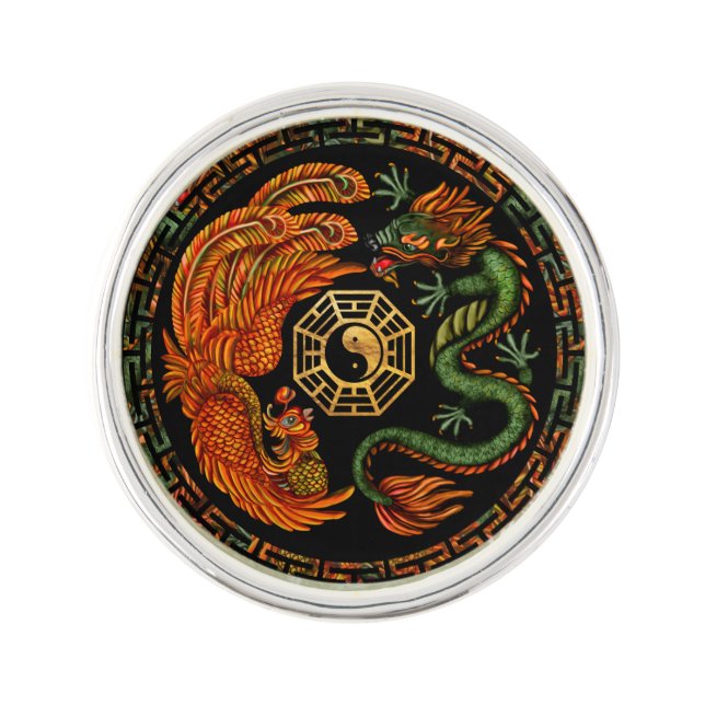 Phoenix and Dragon with bagua #2 Lapel Pin (Front)
