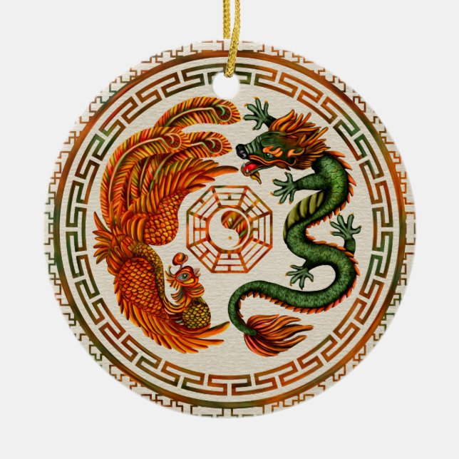 Phoenix and Dragon with bagua #3 Ceramic Ornament (Front)