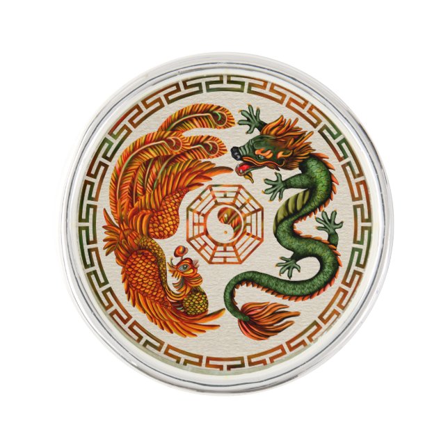 Phoenix and Dragon with bagua #3 Lapel Pin (Front)