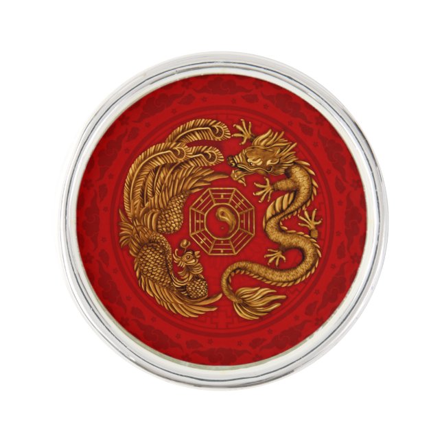 Phoenix and Dragon with bagua #4 Lapel Pin (Front)