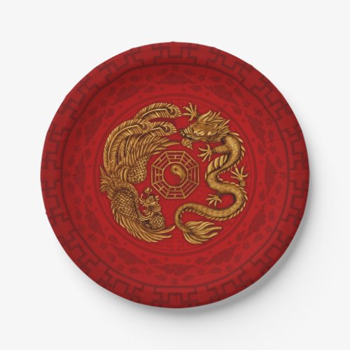 Phoenix and Dragon with bagua 4 Paper Plates