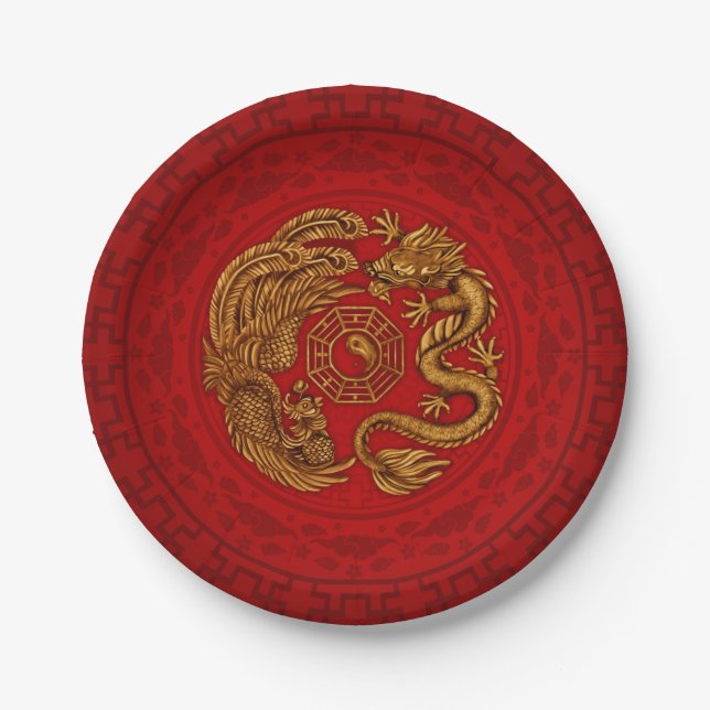 Phoenix and Dragon with bagua #4 Paper Plates (Front)