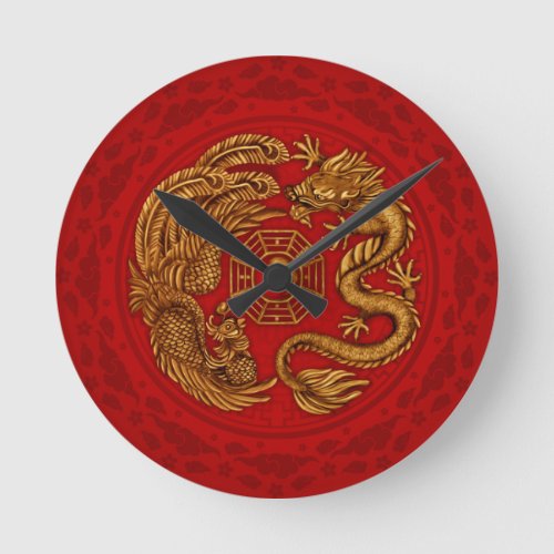 Phoenix and Dragon with bagua 4 Round Clock