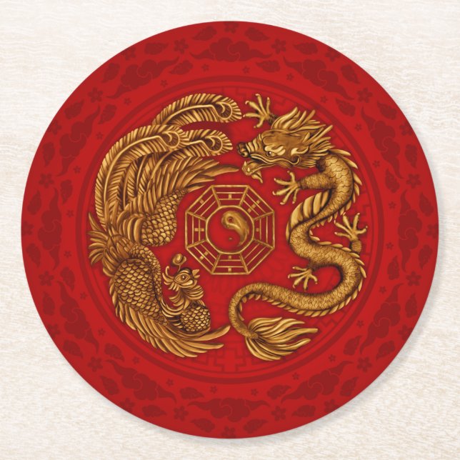 Phoenix and Dragon with bagua #4 Round Paper Coaster (Front)