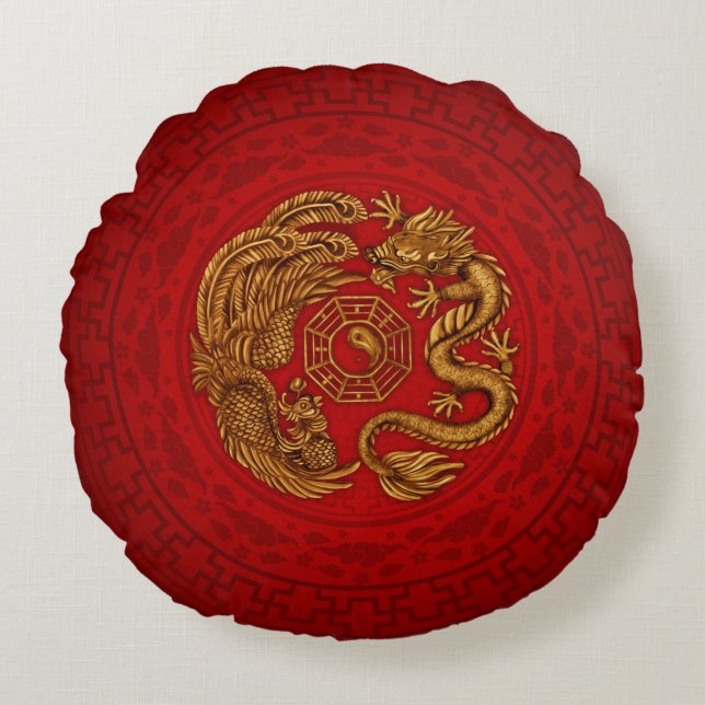 Phoenix and Dragon with bagua #4 Round Pillow (Front)