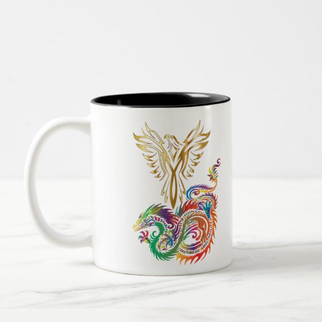 Phoenix and The Dragon Oriental Ying Yang Design Two-Tone Coffee Mug (Left)