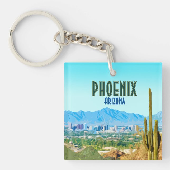 Phoenix Arizona City Cactus and Mountain Vintage Keychain (Front)