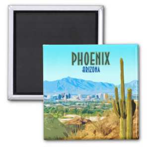 Phoenix Arizona City Cactus and Mountain Vintage Magnet