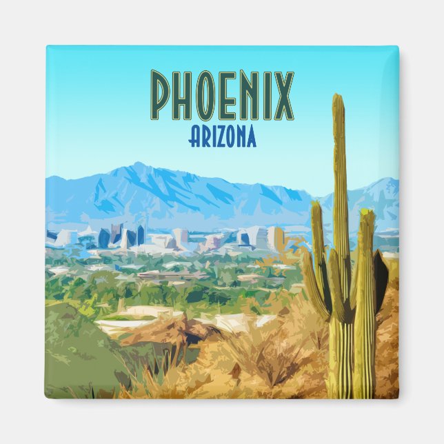 Phoenix Arizona City Cactus and Mountain Vintage Magnet (Front)