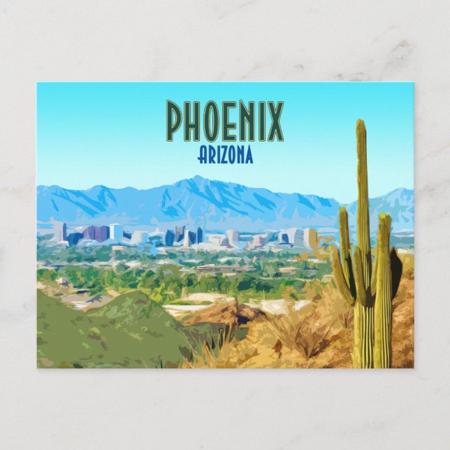 Phoenix Arizona City Cactus and Mountain Vintage Postcard (Front)