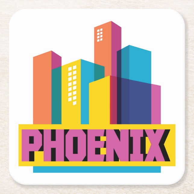 Phoenix, Arizona | Neon Skyline Square Paper Coaster (Front)
