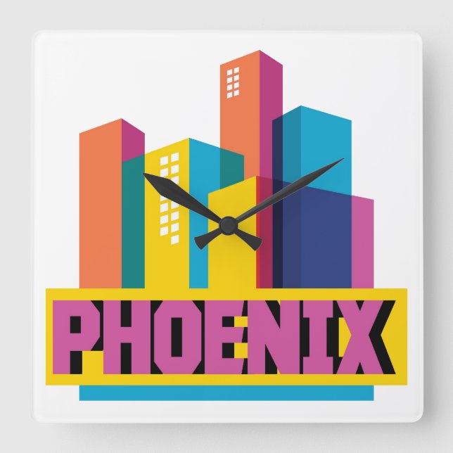 Phoenix, Arizona | Neon Skyline Square Wall Clock (Front)