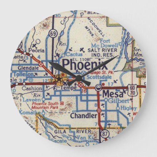 Phoenix Arizona Vintage Map Large Clock
