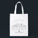 Phoenix, Arizona Wedding | Stylized Skyline Grocery Bag<br><div class="desc">A unique wedding bag for a wedding taking place in the beautiful city of Phoenix,  Arizona.  This bag features a stylized illustration of the city's unique skyline with its name underneath.  This is followed by your wedding day information in a matching open lined style.</div>