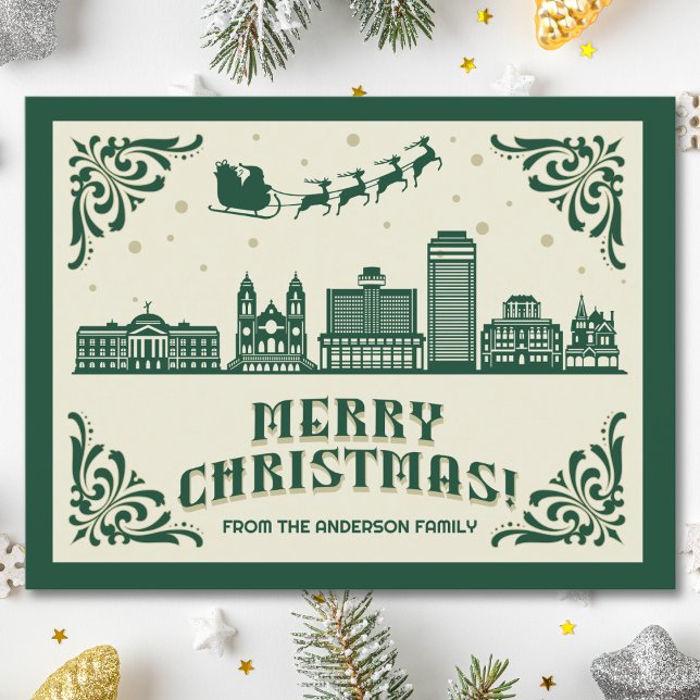 Phoenix, AZ Skyline Christmas Holiday Postcard (Phoenix, AZ skyline christmas card green modern merry christmas postcard with custom details)