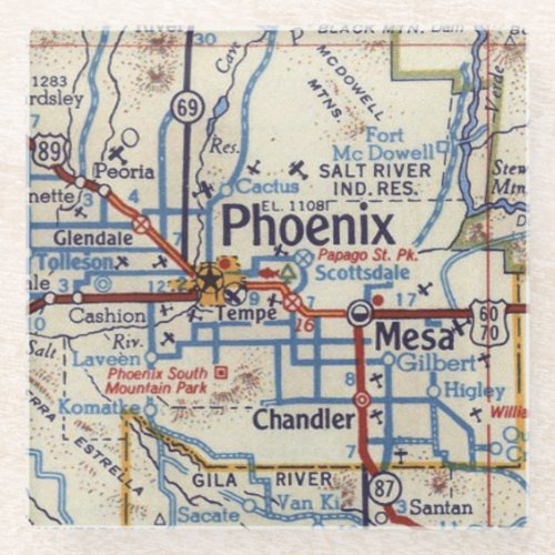 Phoenix AZ Vintage Map Glass Coaster
