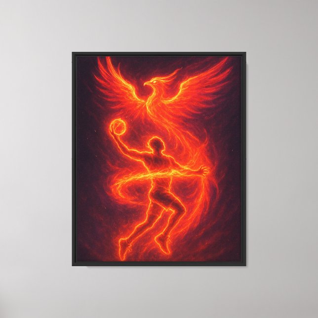 Phoenix Basketball Art–Flaming Athlete & Fire Bird Canvas Print (Front)