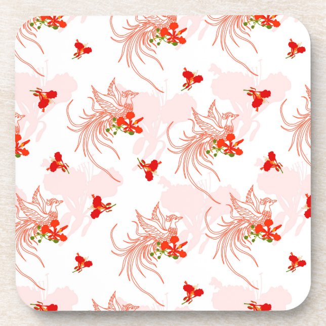 Phoenix Bird And Phoenix Flower Seamless Pattern Beverage Coaster (Front)