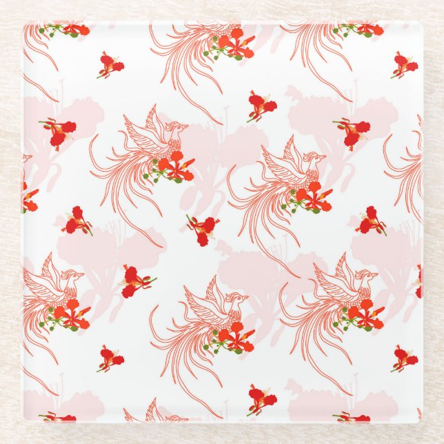 Phoenix Bird Floral Seamless Mythical Elegance Glass Coaster (Front)