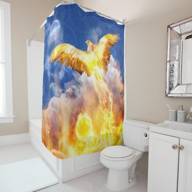 Phoenix Bird RISE ABOVE YOUR TROUBLES Shower Curtain (In Situ)