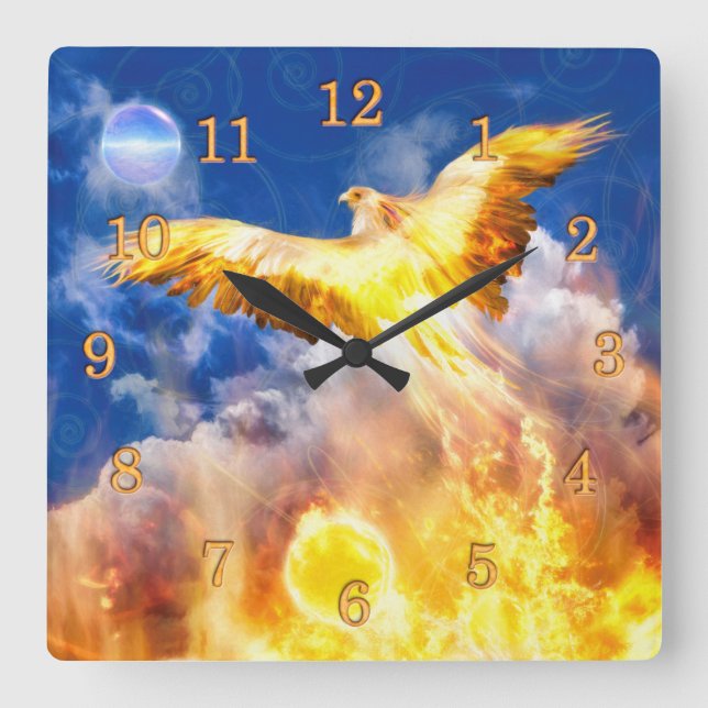 Phoenix Bird RISE ABOVE YOUR TROUBLES Square Wall Clock (Front)