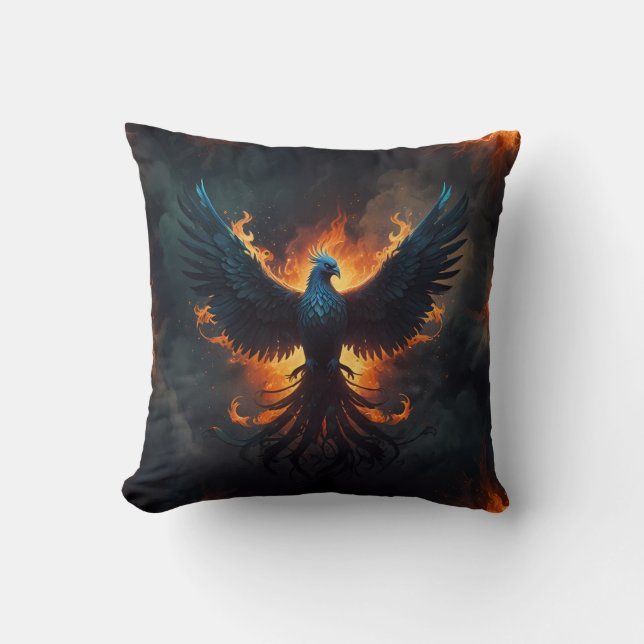 Phoenix Bird Rising with Flames Throw Pillow (Front)
