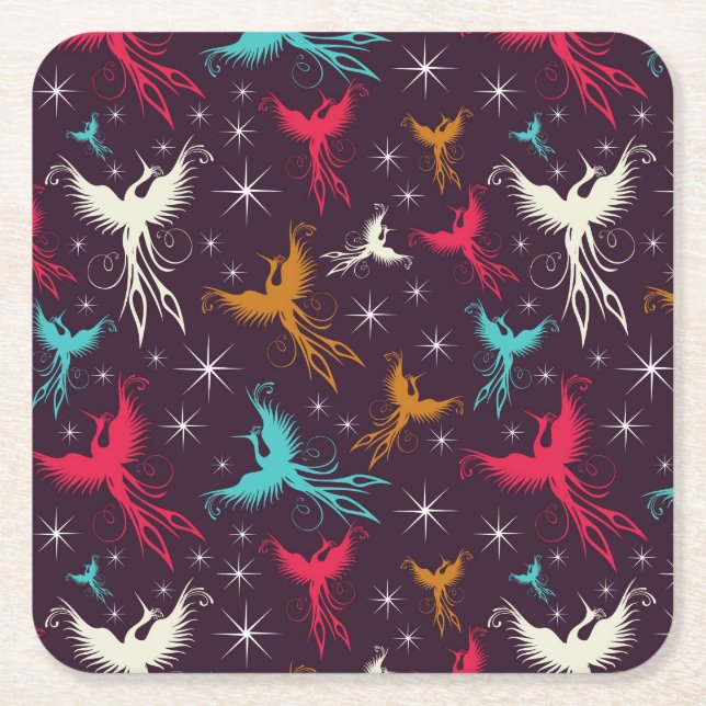 Phoenix Birds Figure Pattern Square Paper Coaster (Front)