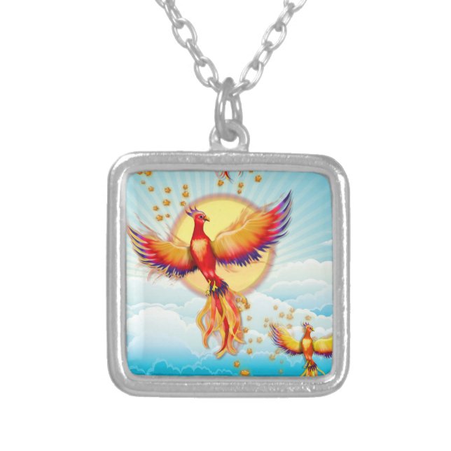 Phoenix Fire Bird Rising Silver Plated Necklace (Front)