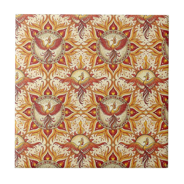 Phoenix Fire Mandala Spiritual Design Pattern Art Ceramic Tile (Front)