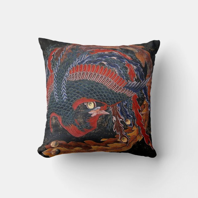 Phoenix (Firebird Goddess) Hokusai Fine Art Throw Pillow (Front)
