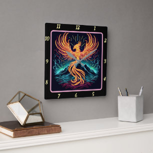 Phoenix Flames Over Moonlit Canyon Square Wall Clock