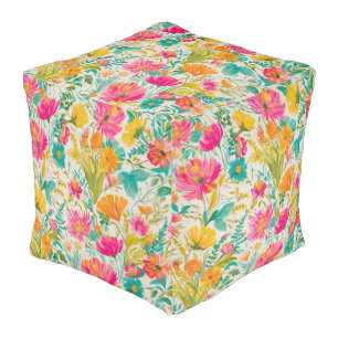 Phoenix in Pink & Orange   Floral Design Pouf