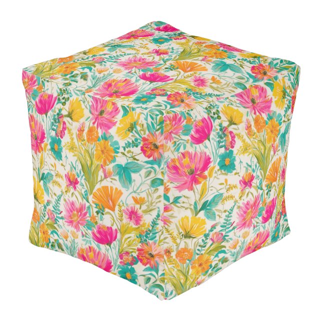Phoenix in Pink & Orange | Floral Design Pouf (Angled Front)