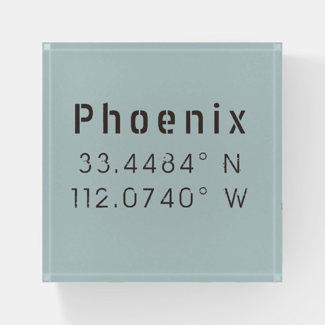Phoenix Latitude Longitude Paperweight (Front)