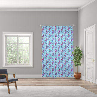 Phoenix motif set on a light blue backdrop. sheer curtains