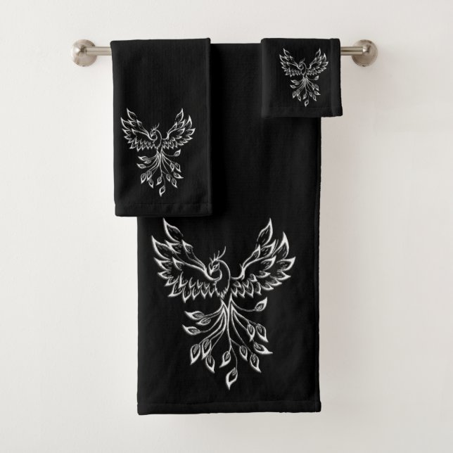 Phoenix Rises on Black Bath Towel Set (Insitu)