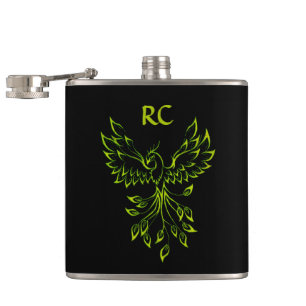 Phoenix Rises on Black Initials Flask