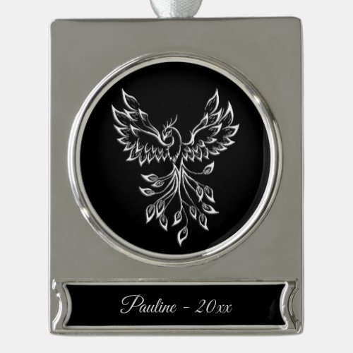 Phoenix Rises on Black Silver Plated Banner Ornament