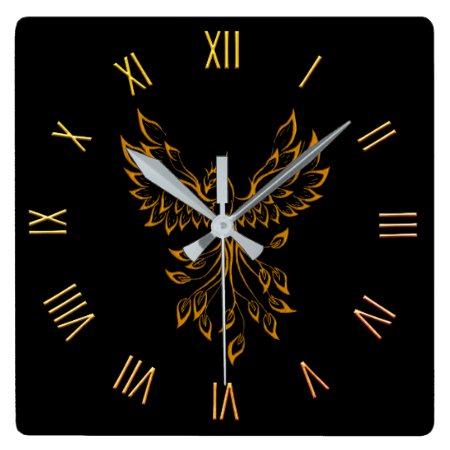 Phoenix Rises on Black Square Wall Clock