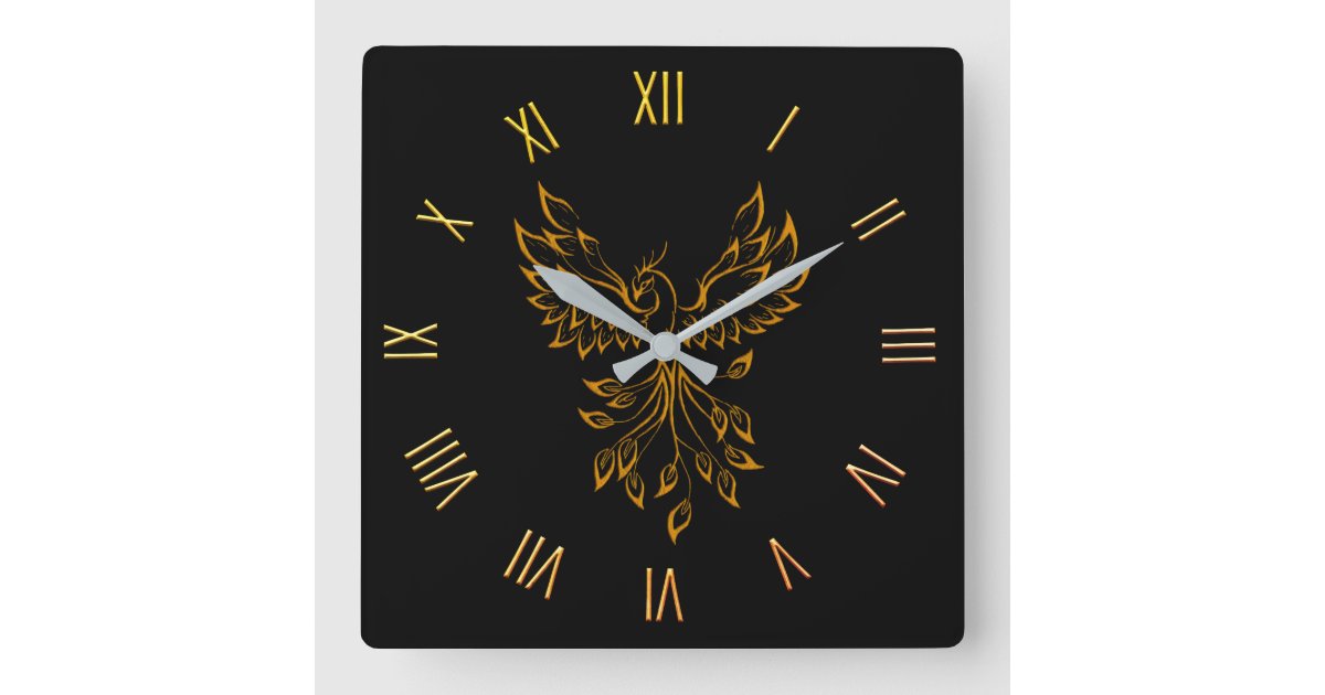 Phoenix Clock Phoenix Rises on Black Square Wall Clock | Zazzle