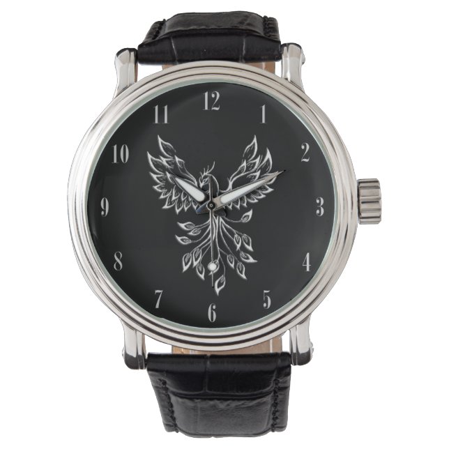 Phoenix Rises on Black White Numbers Watch (Front)
